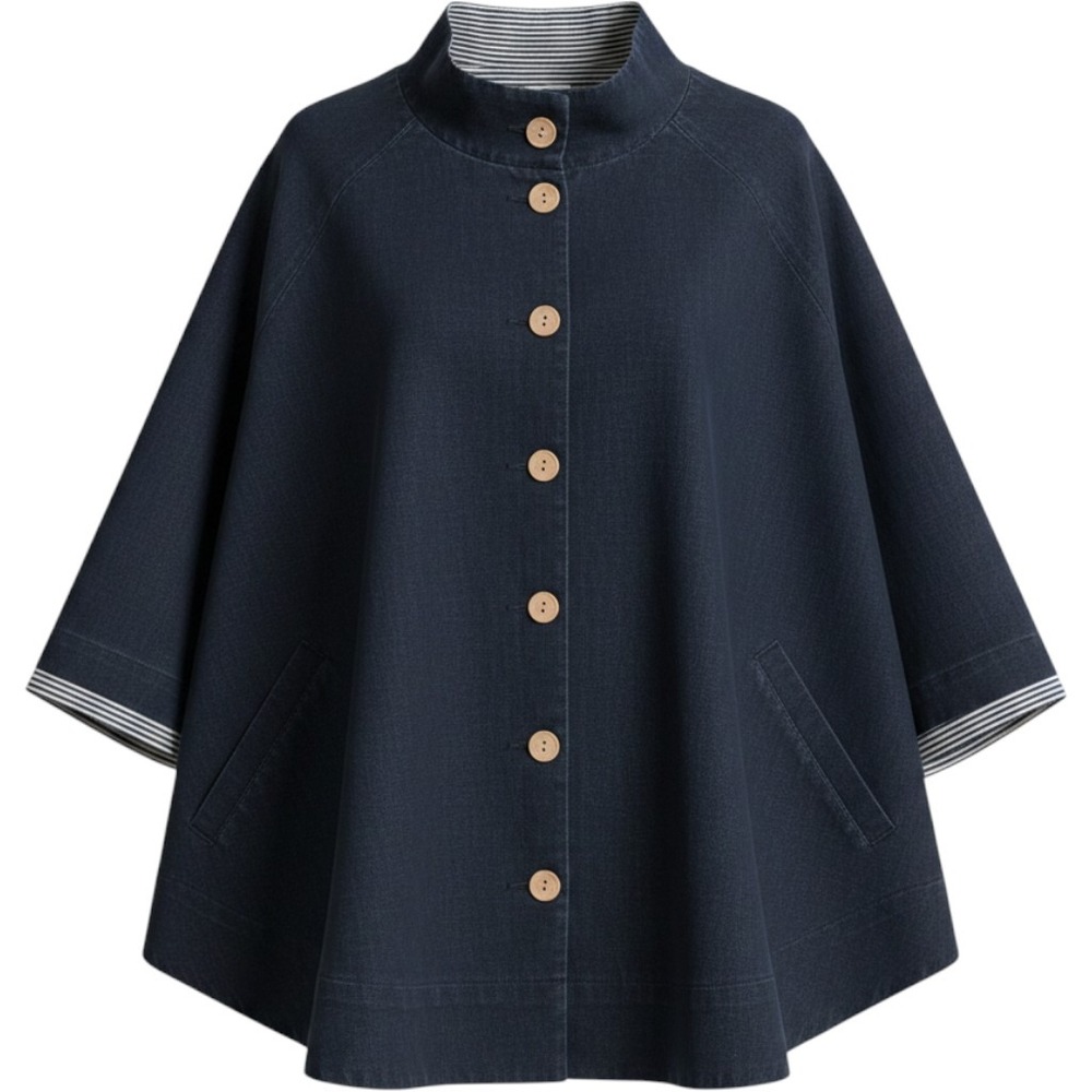 Chico's Cape Jacket Women OS Navy Blue Button Front Striped Lining Coastal